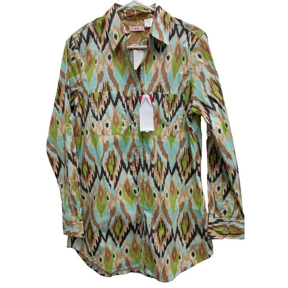 Tizzie Tops - Tizzie Wearable Art Tunic Top Womens Medium Ikat Print Button Front Long Sleeve